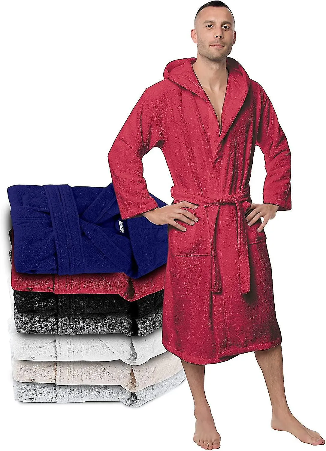 Albornoz Miman 100% algodón para hombre con toalla con capucha 2 bolsillos, cinturón - suave, absorbente y cómodo