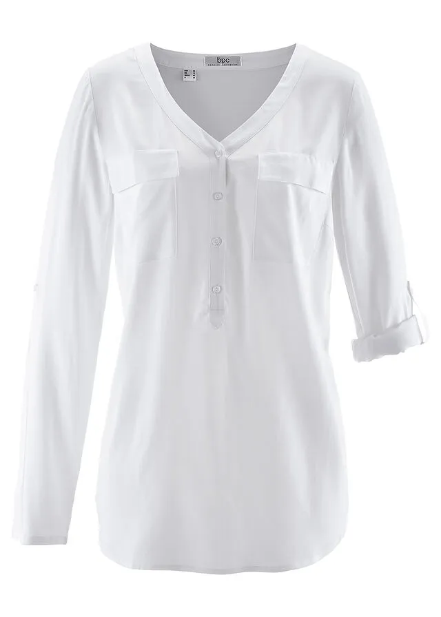 Blusa con escote en V, manga larga Blanco