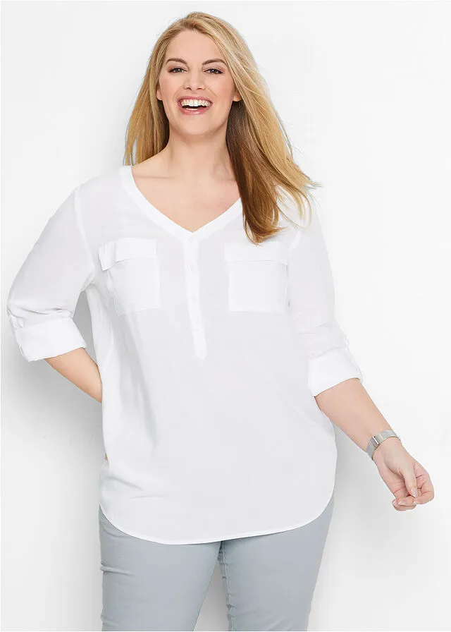 Blusa con escote en V, manga larga Blanco