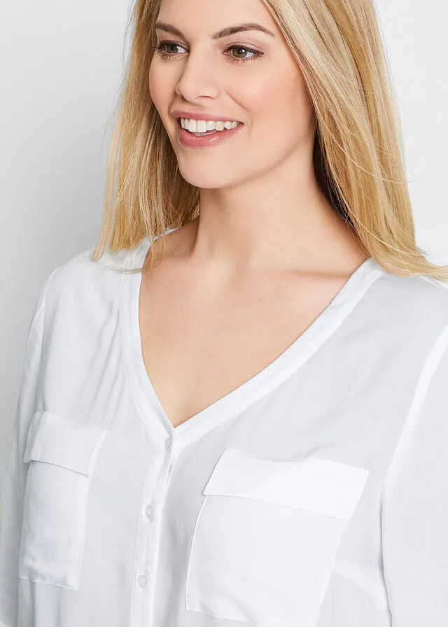 Blusa con escote en V, manga larga Blanco