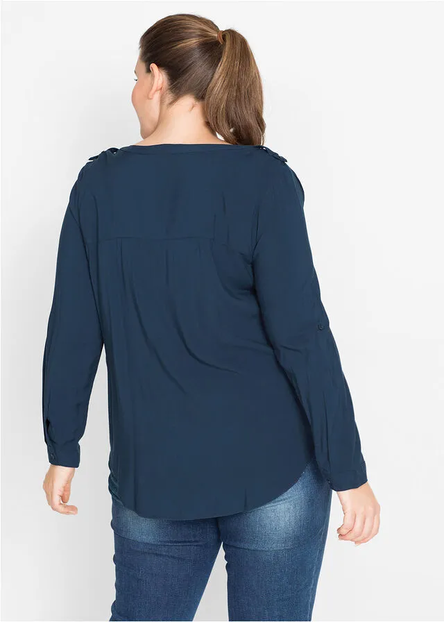 Blusa tipo túnica con escote en V, manga larga Azul marino