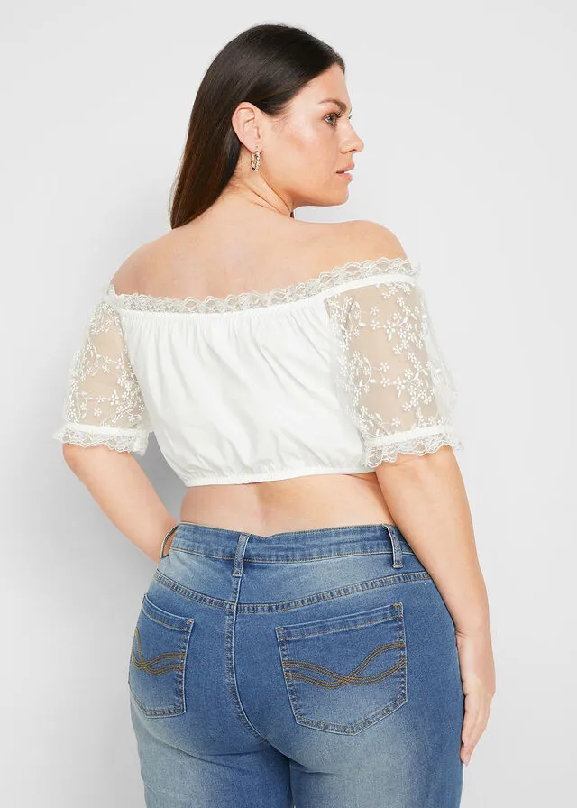 Blusa tirolesa con mangas escote bañera y puntilla Blanco