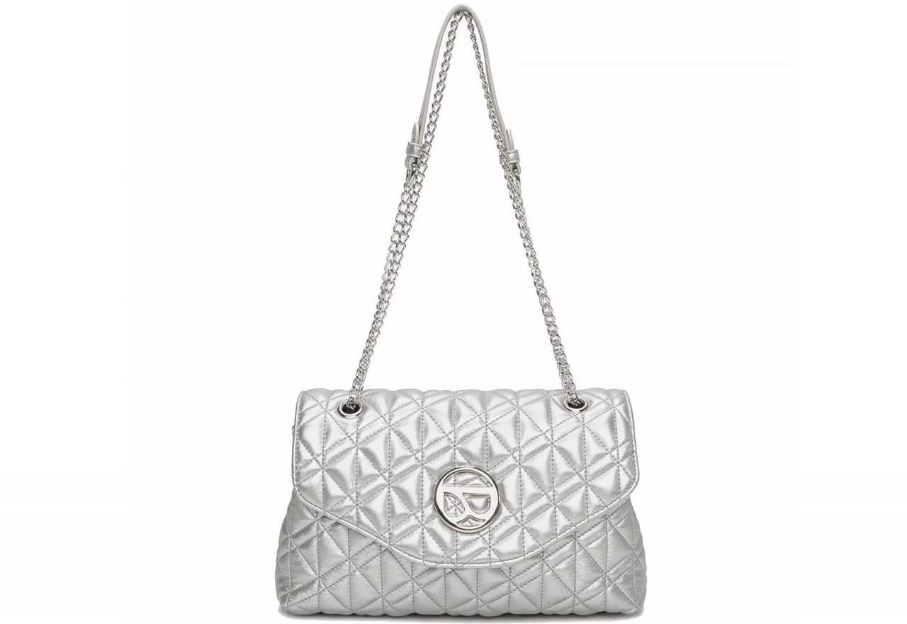 Bolso Acolchado Plata Solapa Logo Metal Cadena Eslabones