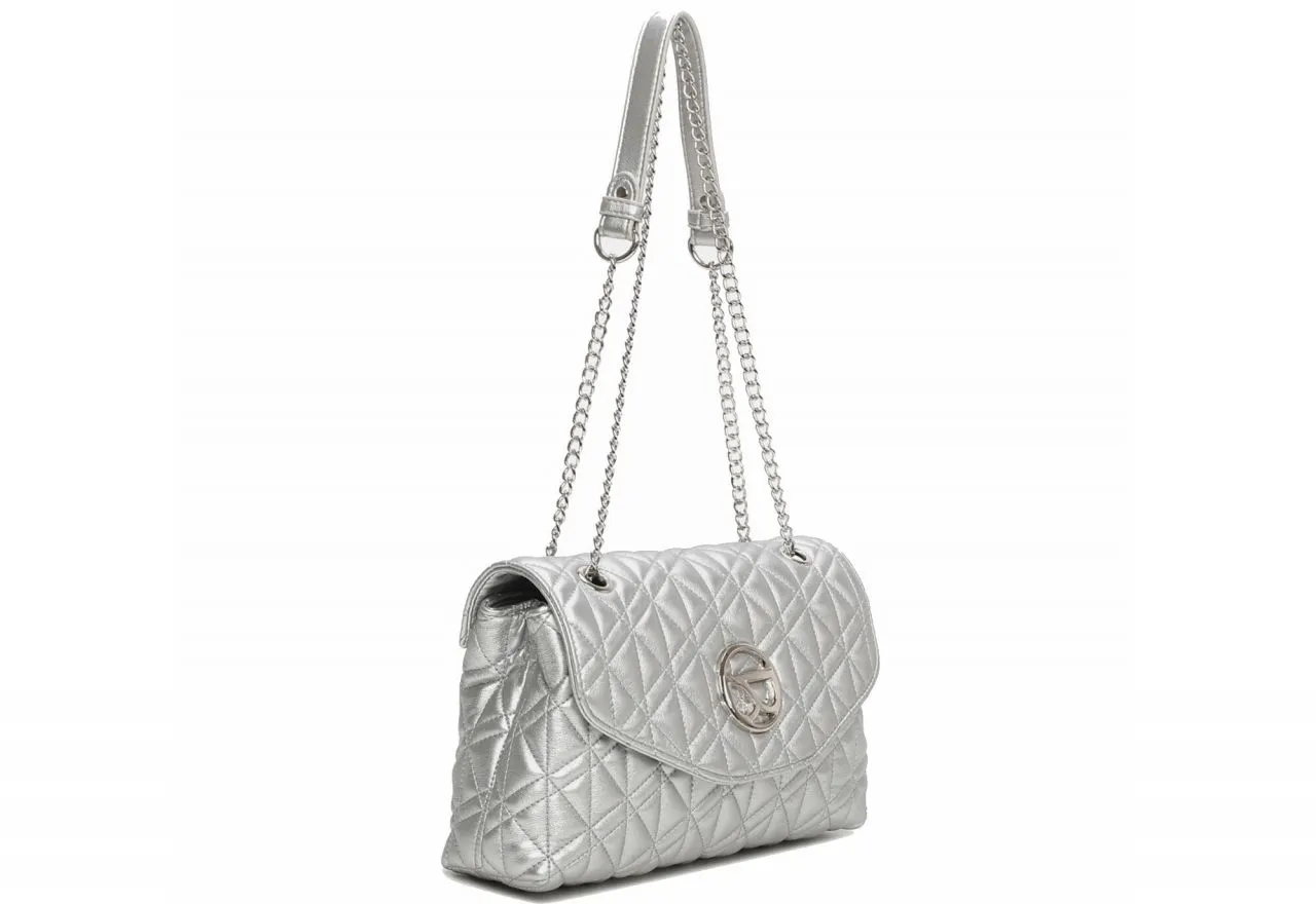 Bolso Acolchado Plata Solapa Logo Metal Cadena Eslabones