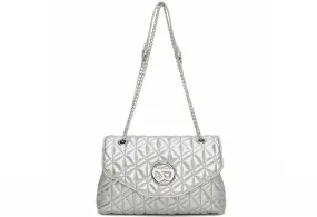 Bolso Acolchado Plata Solapa Logo Metal Cadena Eslabones