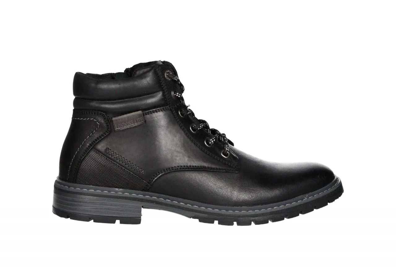 Botin Cremallera/cordon Piel Negro Cuello Acolchado Piso Goma