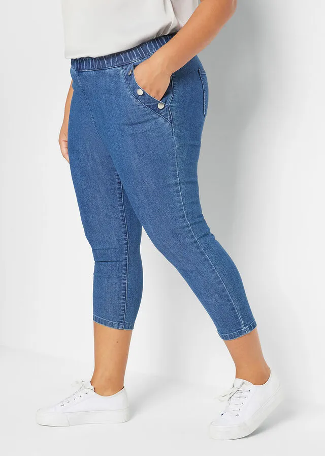 Cómodo pantalón capri elástico con cinturilla cómoda y botones decorativos Azul piedra