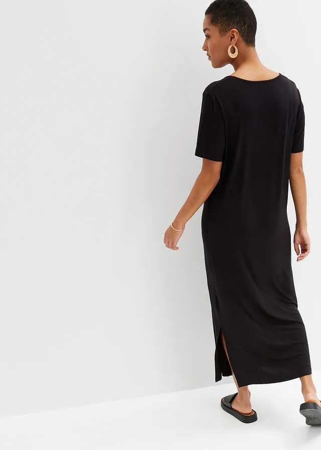 Cómodo vestido con abertura, largo maxi Negro