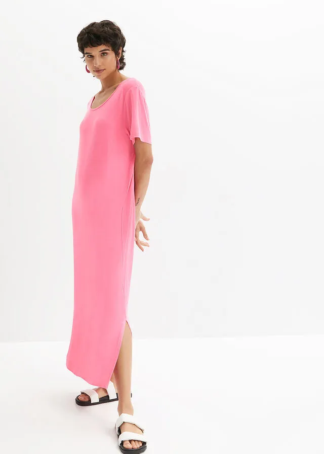 Cómodo vestido con abertura, largo maxi Rosa brillante