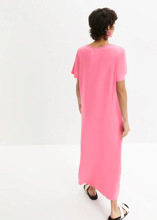 Cómodo vestido con abertura, largo maxi Rosa brillante