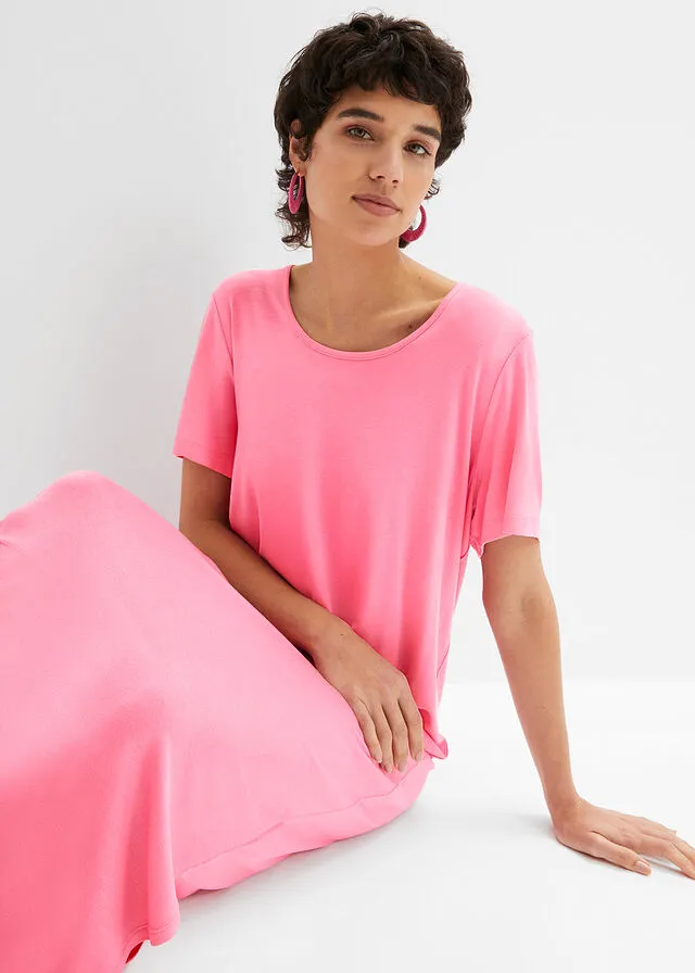 Cómodo vestido con abertura, largo maxi Rosa brillante