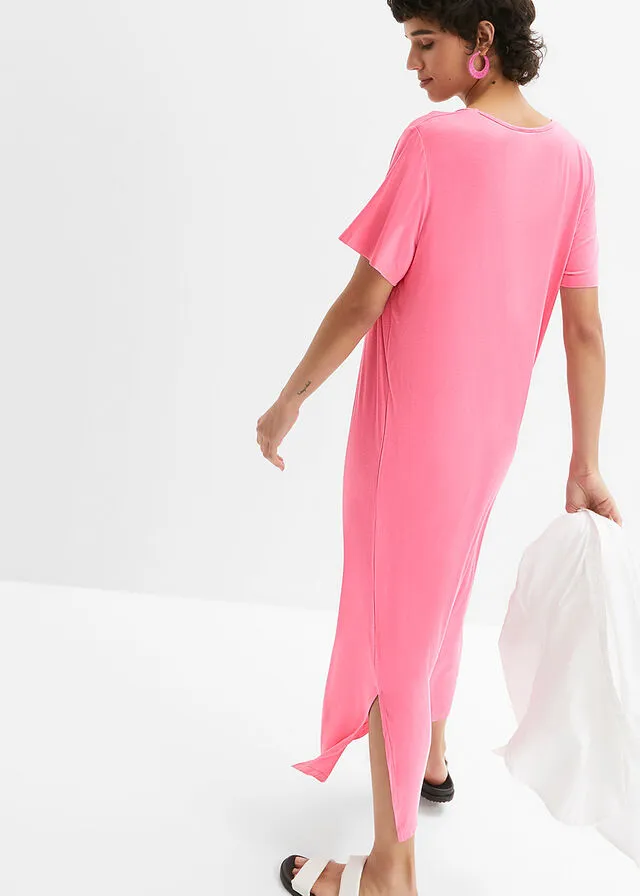 Cómodo vestido con abertura, largo maxi Rosa brillante