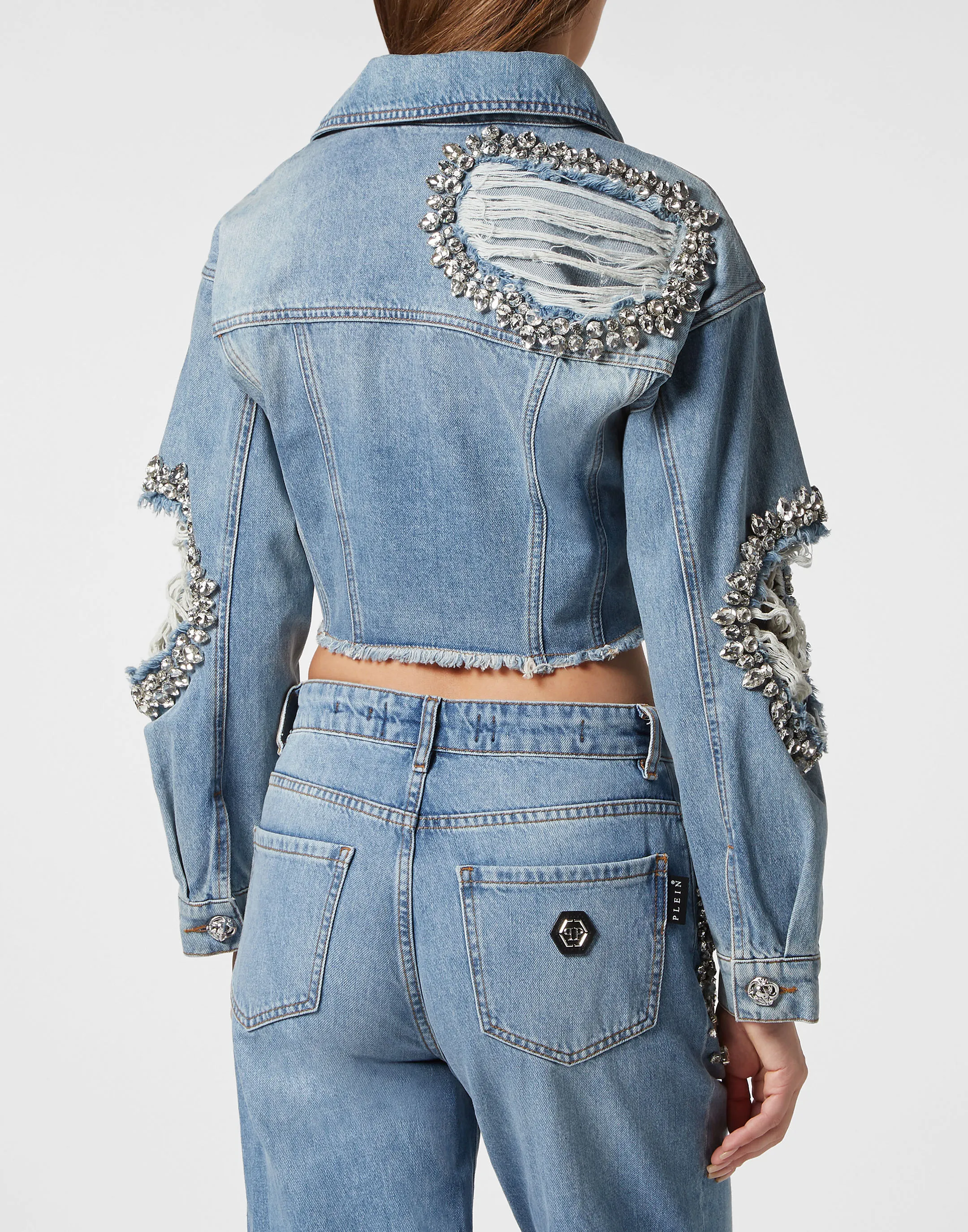 Denim Cropped Jacket with Stones