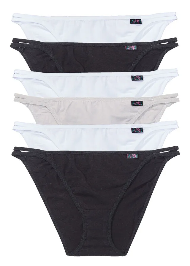 Pack de 6 bragas tipo bikini negro+blanco+plata mate